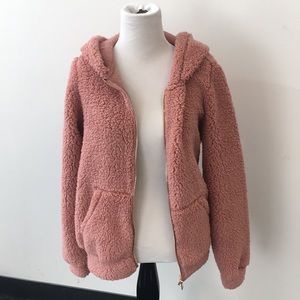 Mauve Pink Faux Shearling Hooded Jacket